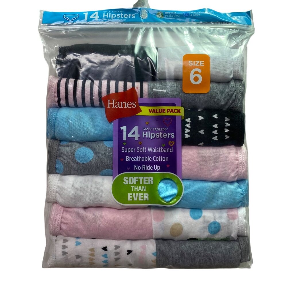 Hanes Girls‎ Tagless Hipsters pack of 14 Girls underwear /panties Size 6 NIB